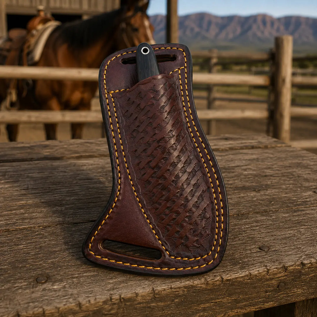 A dark brown leather knife sheath with a textured basketweave pattern and yellow contrast stitching, displayed on a rustic wooden table with a horse and mountains in the background.