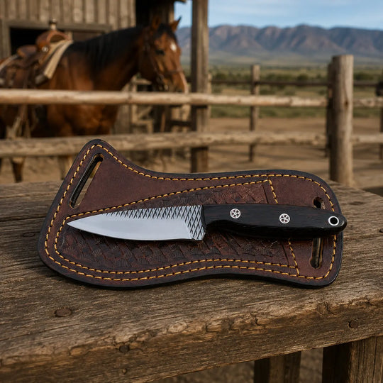 A fixed-blade knife with a textured silver blade and black handle rests in a brown leather sheath on a rustic wooden table, with a horse and mountains blurred in the background.