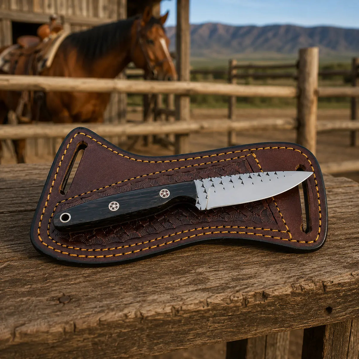 A fixed-blade knife with a textured silver blade and black handle rests inside a brown leather sheath on a rustic wooden table, with a horse and outdoor ranch setting blurred in the background.