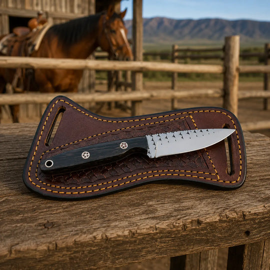 A fixed-blade knife with a textured silver blade and black handle rests inside a brown leather sheath on a rustic wooden table, with a horse and outdoor ranch setting blurred in the background.