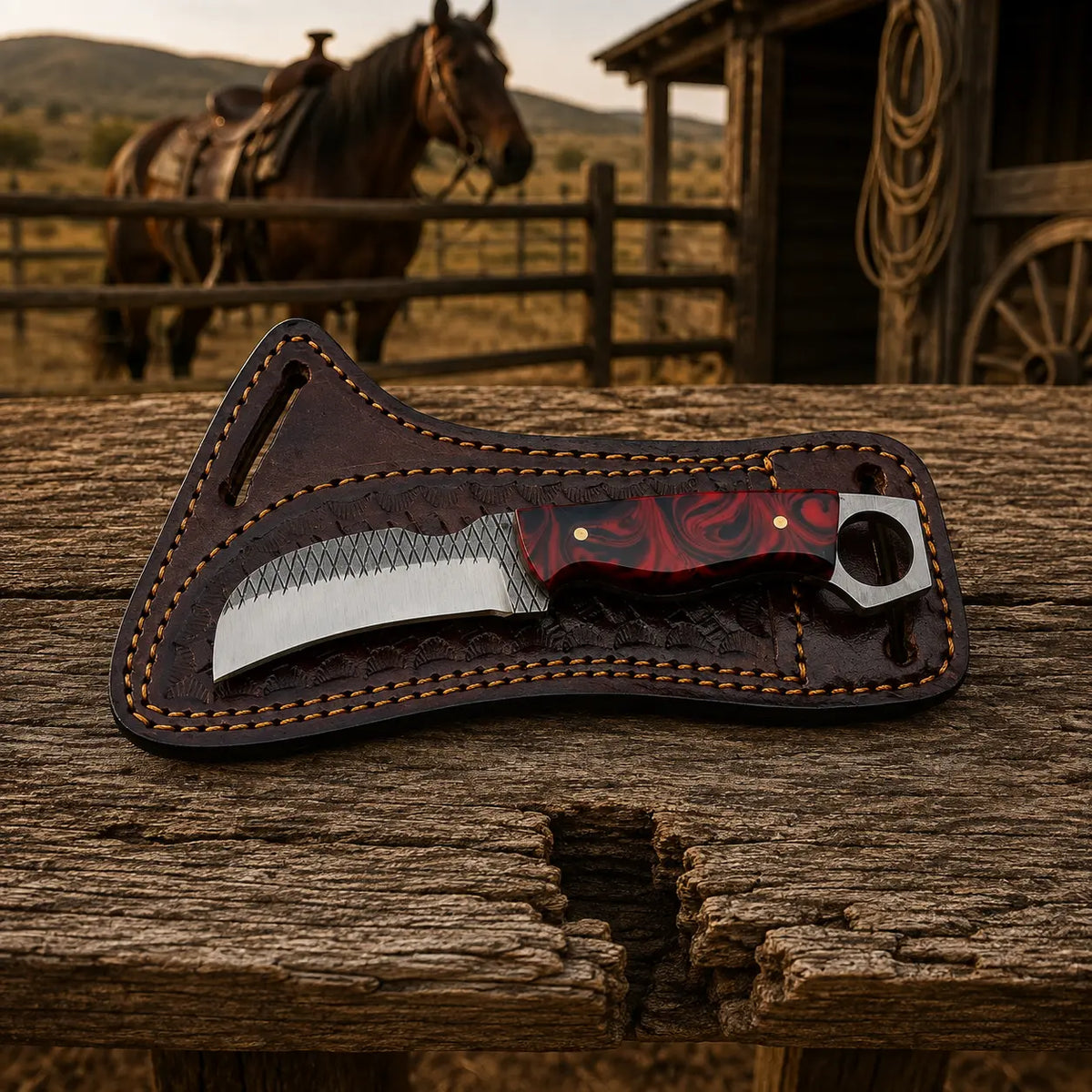 A fixed-blade knife with a patterned red and black handle and a silver serrated blade, displayed in a brown leather sheath on a rustic wooden surface, with a horse and barn in the background.