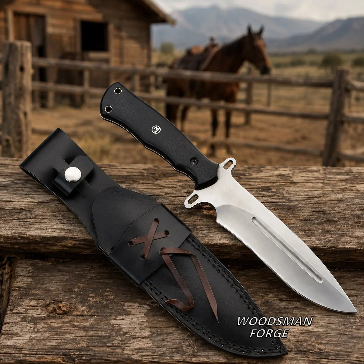 A fixed-blade knife with a black handle and silver blade rests on a wooden surface next to a black leather sheath with brown laces. The background shows a rustic outdoor scene with a fence, mountains, and a horse.
