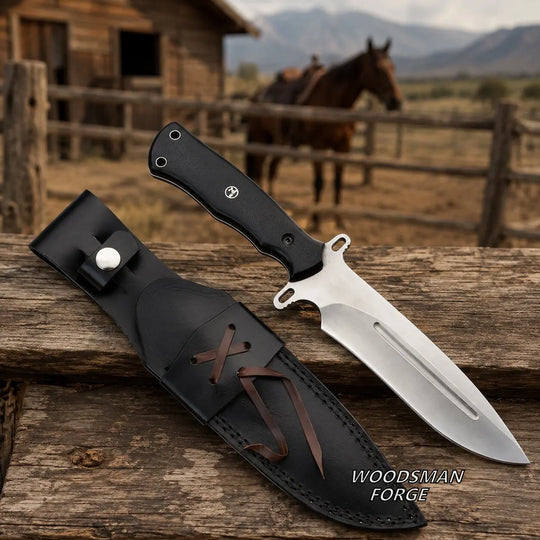 A fixed-blade knife with a black handle and silver blade rests on a wooden surface next to a black leather sheath with brown laces. The background shows a rustic outdoor scene with a fence, mountains, and a horse.