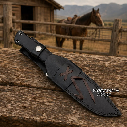 Ravenmark Bowie Knife – 13" D2 Steel, G10 Handle &amp; Leather Sheath WOODSMAN FORGE