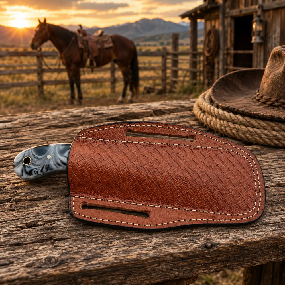 A brown leather knife sheath with a textured woven pattern and contrast stitching, holding a knife with a marbled gray handle, displayed on a rustic wooden table with a cowboy hat and rope in the background.