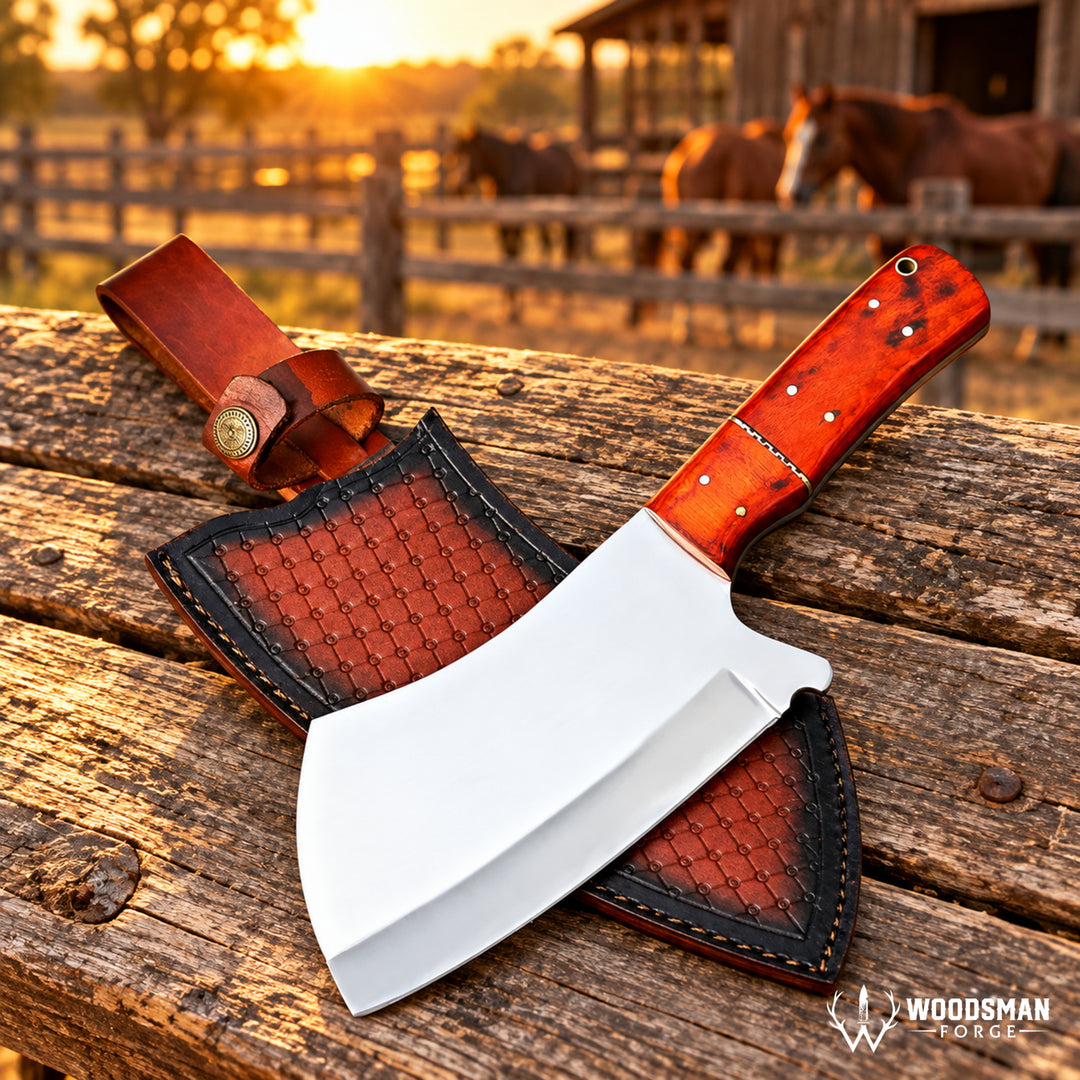 A large fixed-blade knife with a polished silver blade and reddish-brown wooden handle rests on a leather sheath over a rustic wooden fence. Horses are blurred in the background at sunset, and a 'WOODSMAN TOOLS' logo appears in the bottom right corner.
