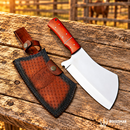 A fixed-blade knife with a polished silver blade and reddish-brown wooden handle lies on a weathered wooden surface next to a brown leather sheath. The background shows a softly blurred outdoor fence scene at warm golden hour.
