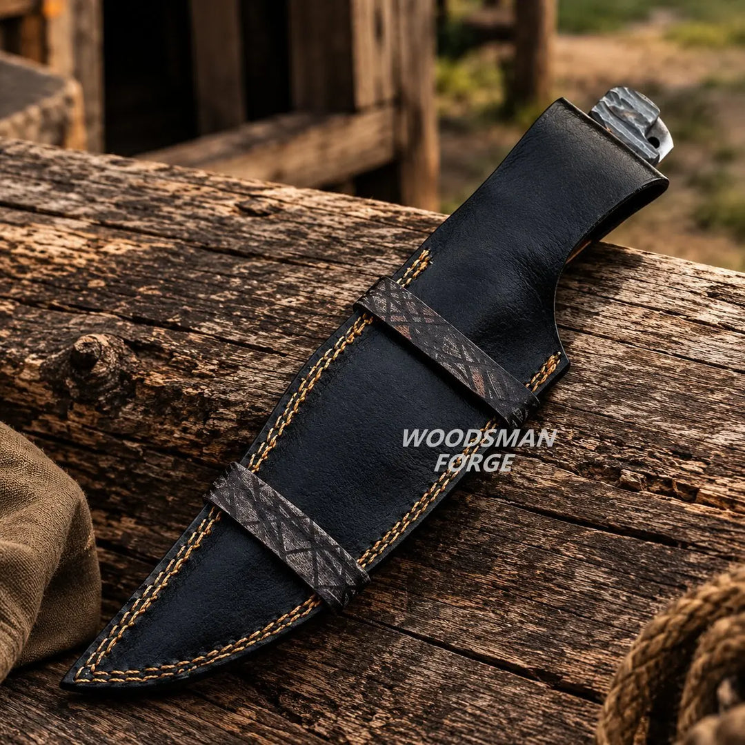 A black leather knife sheath with tan stitching and textured straps, shown resting on a weathered wooden log outdoors. The sheath has a metal tang visible at the top right and a WOODSMAN FORGE logo printed on the side.