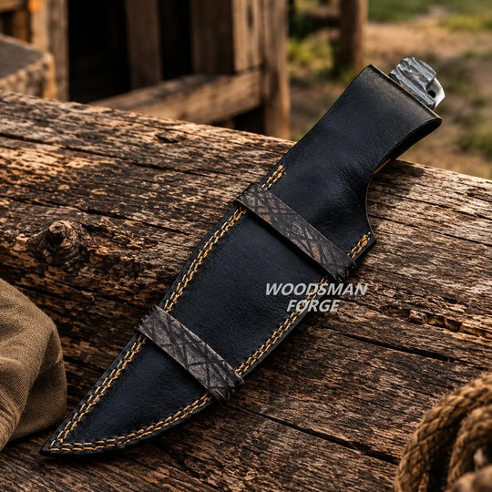 A black leather knife sheath with tan stitching and textured straps, shown resting on a weathered wooden log outdoors. The sheath has a metal tang visible at the top right and a WOODSMAN FORGE logo printed on the side.