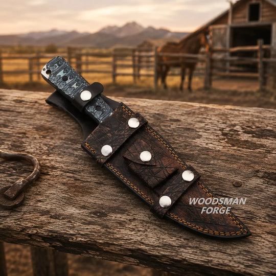 A fixed-blade knife with a textured dark gray handle and a brown leather sheath, resting on a rustic wooden fence in an outdoor ranch setting with a horse and barn in the background. The text &