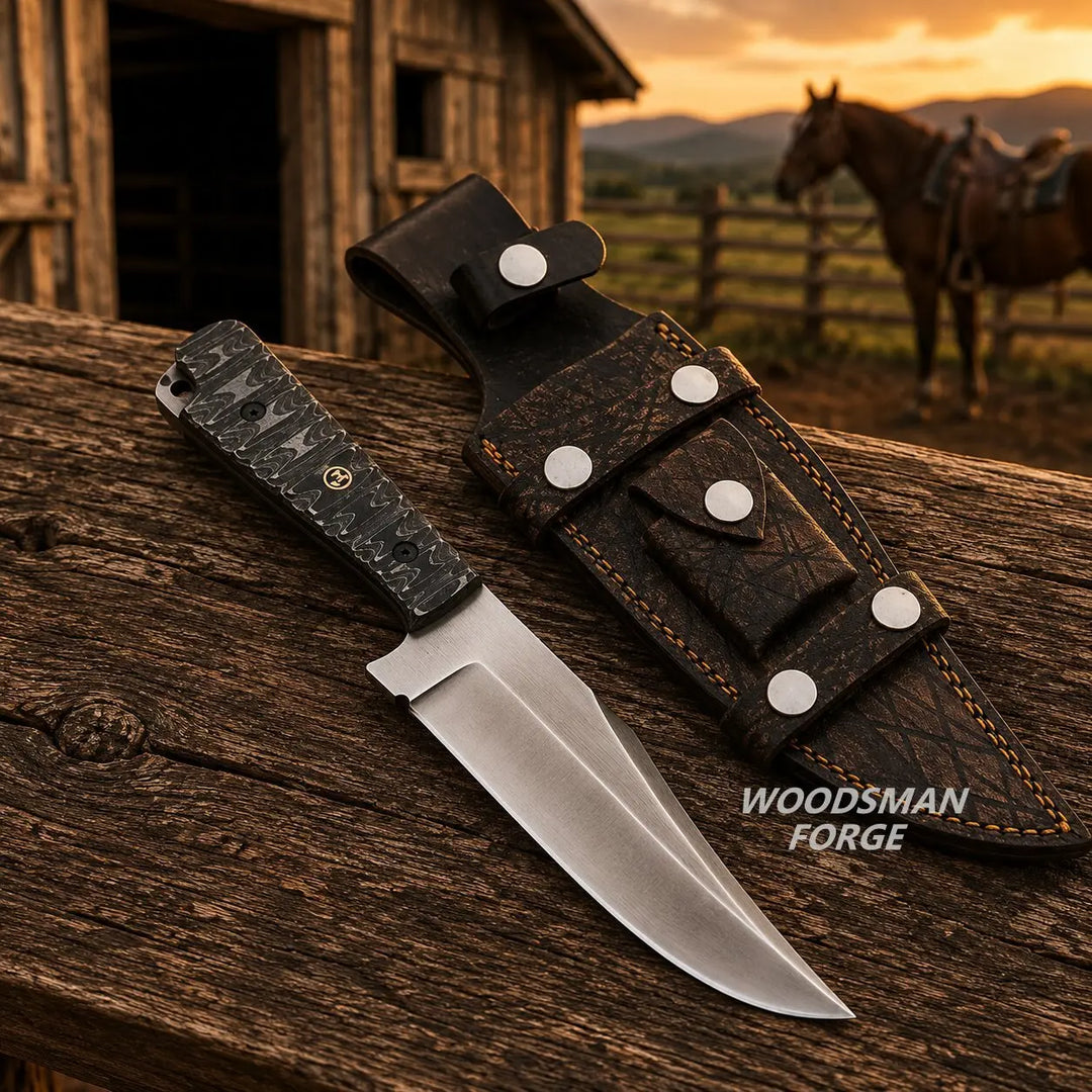 A fixed-blade knife with a textured dark handle and a silver blade lies on a weathered wooden surface beside a dark brown leather sheath. A rustic barn and a horse are visible in the warm sunset background.