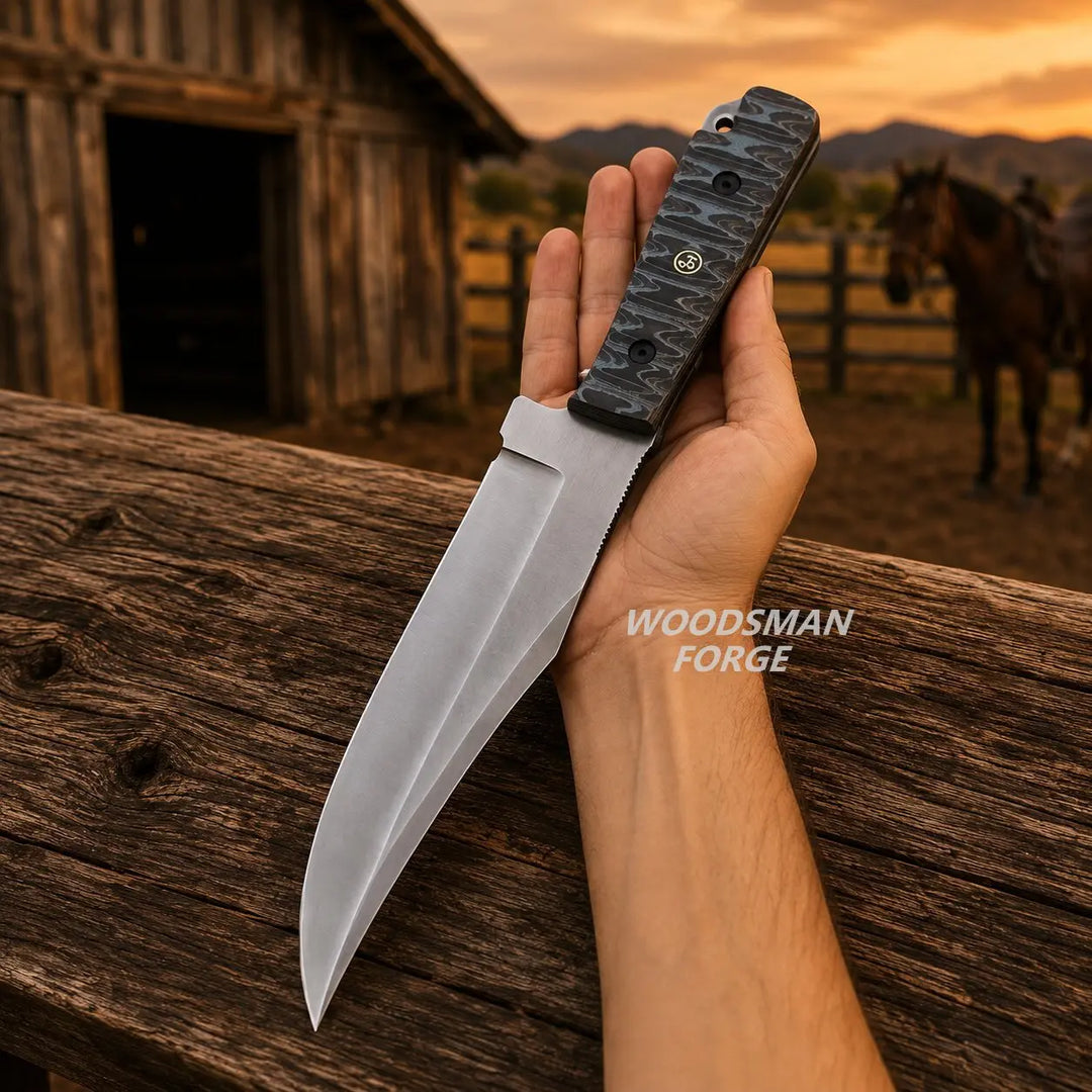 A hand holding a large fixed-blade knife with a satin-finished blade and a textured black handle, posed against a rustic wooden fence with a barn and horse in the background. The text &