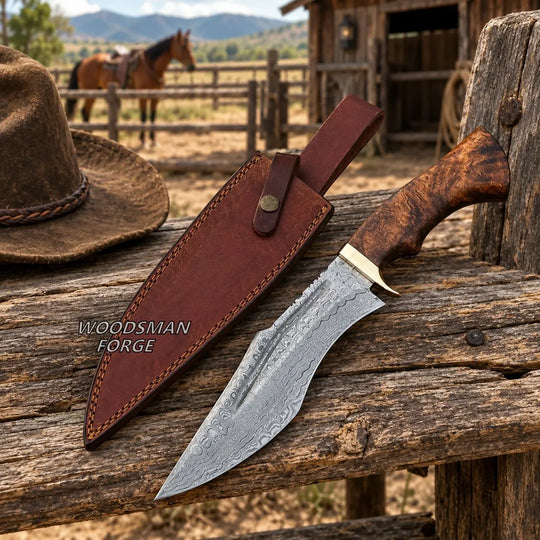 A fixed-blade knife with a patterned steel blade, brown wood handle, and brass bolster rests on a rustic wooden fence next to its brown leather sheath. A brown cowboy hat is placed to the left, with a blurred outdoor ranch scene and a horse in the background.