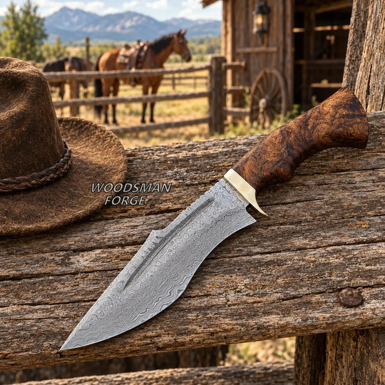 A Damascus steel fixed-blade knife with a brown wood-grain handle and brass bolster rests on a rustic wooden fence, with a brown cowboy hat and a blurred outdoor ranch scene in the background. The text &