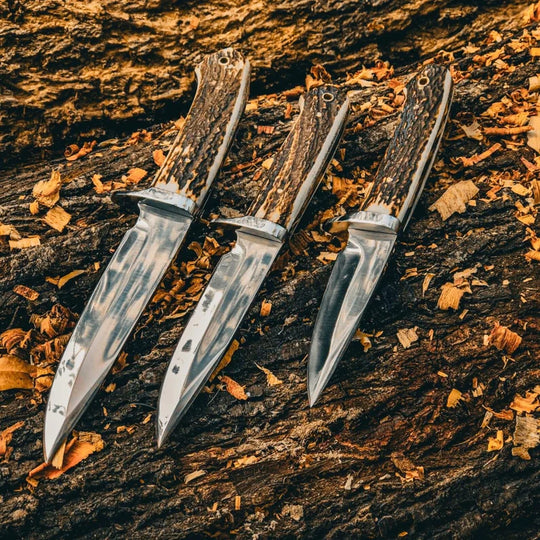 3-Piece Stag Horn Fixed Blade Knife Set with Leather Sheaths