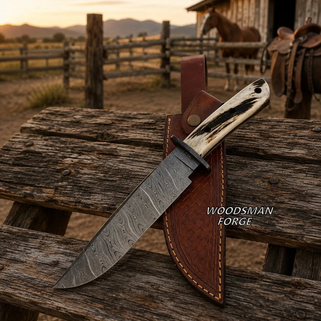 Stagborne Bowie Knife – Damascus Steel &amp; Genuine Stag Horn WOODSMAN FORGE