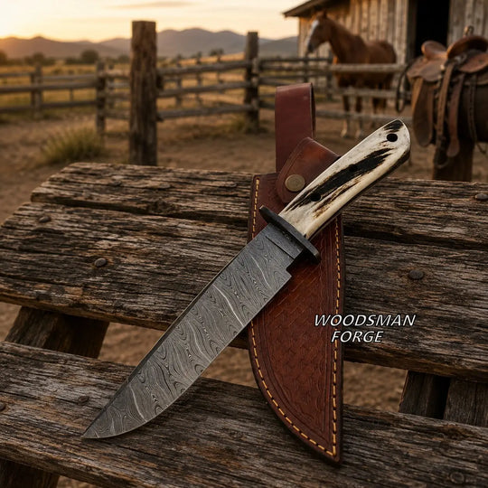 Stagborne Bowie Knife – Damascus Steel &amp; Genuine Stag Horn WOODSMAN FORGE