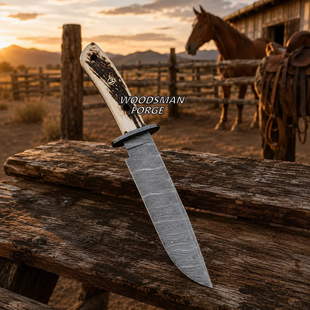 Stagborne Bowie Knife – Damascus Steel & Genuine Stag Horn WOODSMAN FORGE