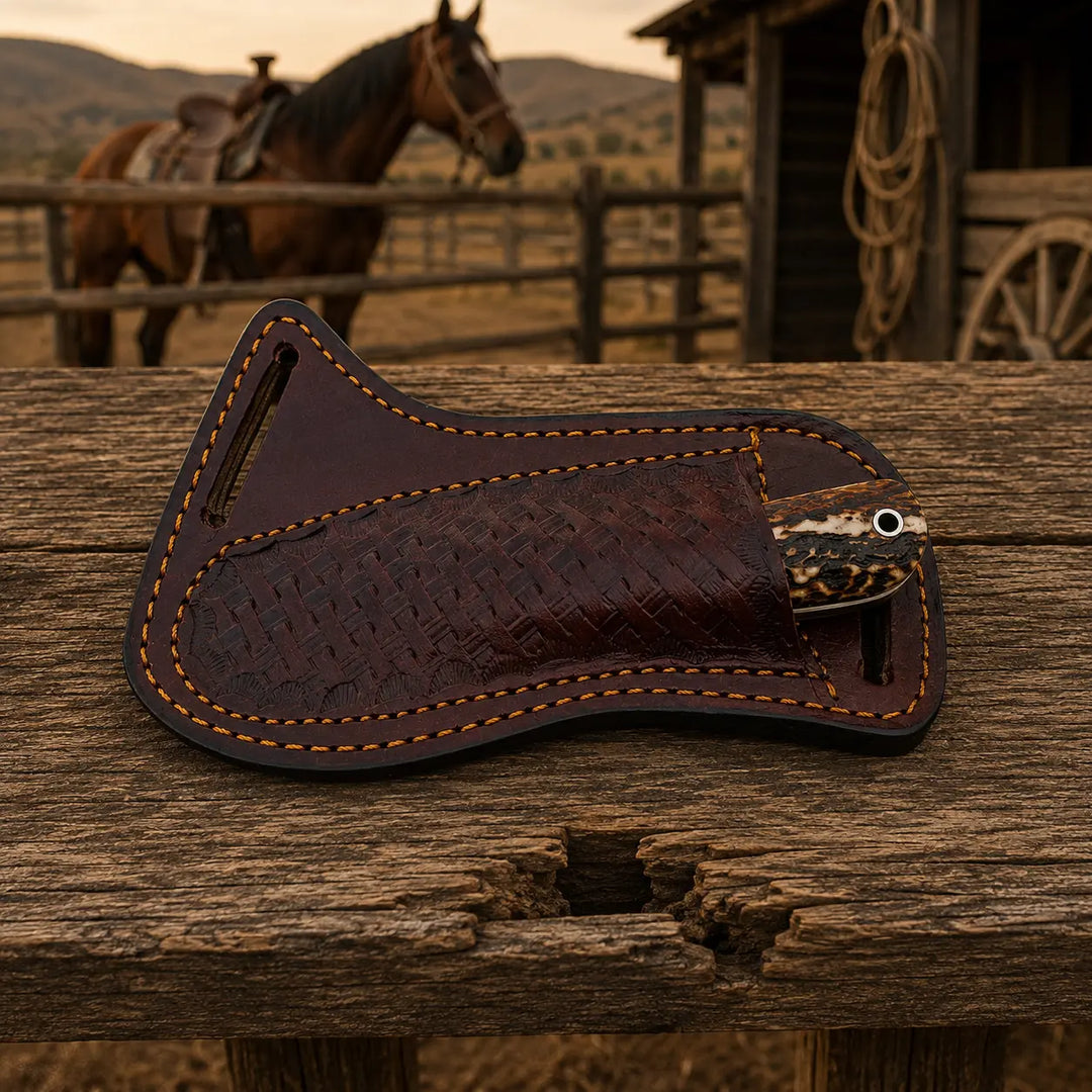 A dark brown leather knife sheath with a textured basketweave pattern and orange contrast stitching, resting on a rustic wooden table with a blurred western background showing a horse and a barn.