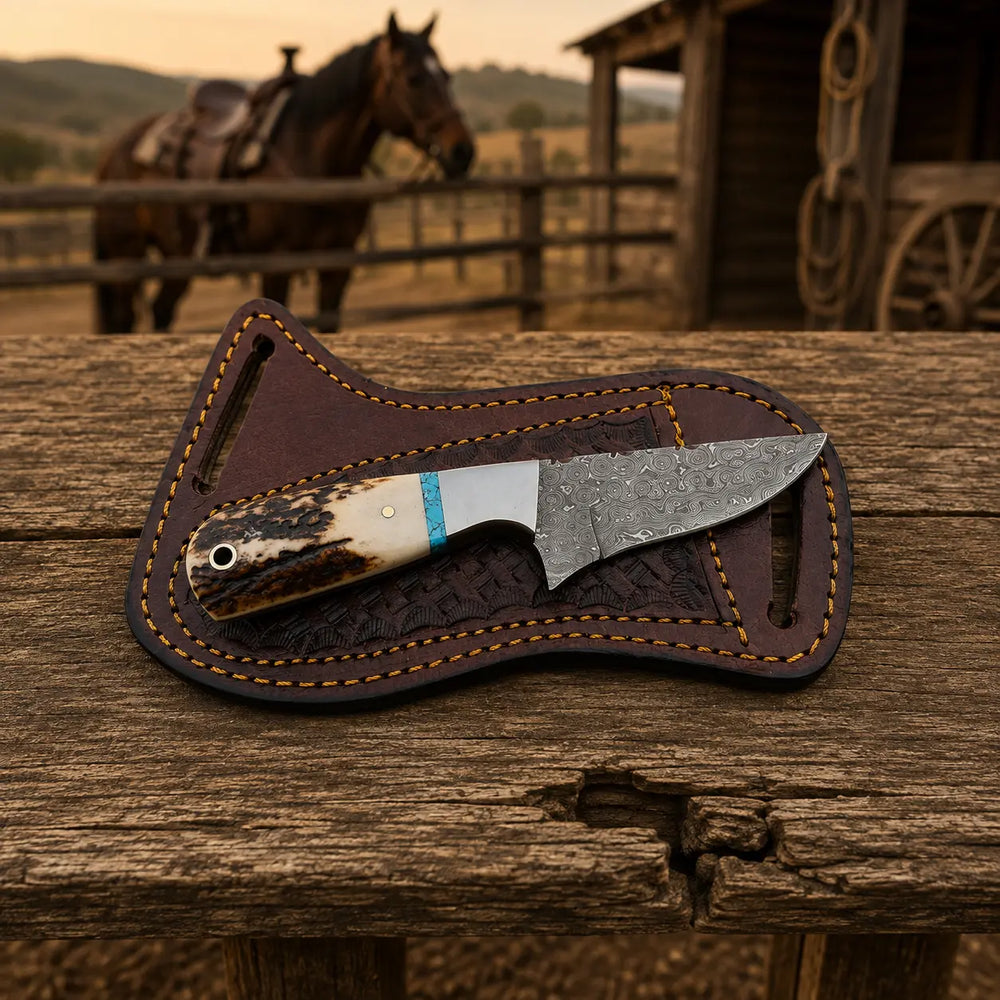 A fixed-blade knife with a textured steel blade and a carved bone handle lies in a dark brown leather sheath on a rustic wooden surface, with a blurred barn and horse in the background.