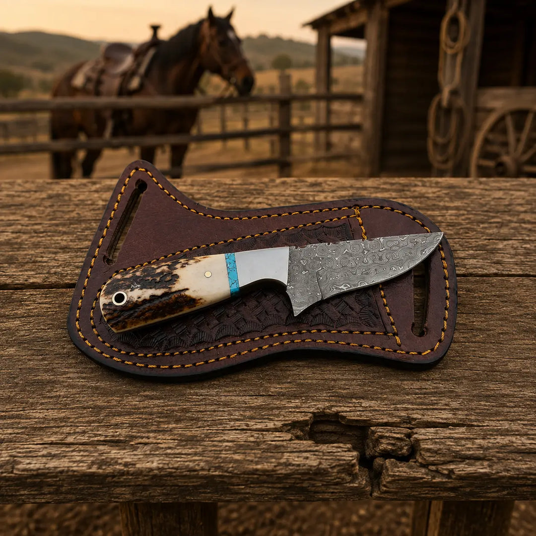 A fixed-blade knife with a textured steel blade and a carved bone handle lies in a dark brown leather sheath on a rustic wooden surface, with a blurred barn and horse in the background.