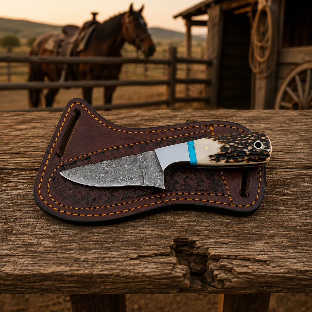 A fixed-blade knife with a textured silver blade and a patterned handle resting in a brown leather sheath on a rustic wooden table, with a blurred horse and wagon in the background.