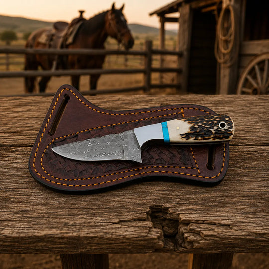 A fixed-blade knife with a textured silver blade and a patterned handle resting in a brown leather sheath on a rustic wooden table, with a blurred horse and wagon in the background.