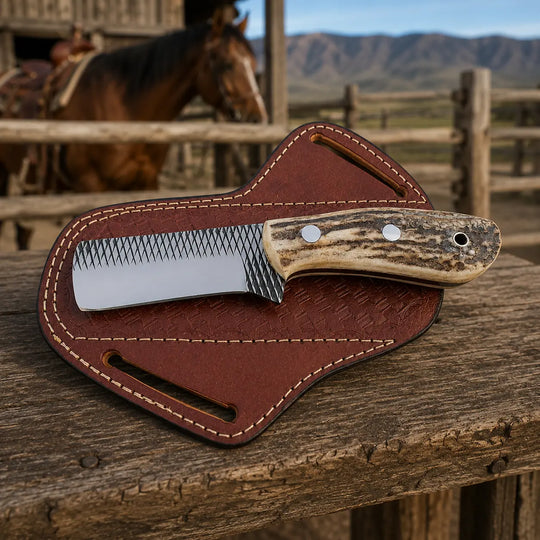 A fixed-blade knife with a textured silver blade and a natural antler-style handle rests on a brown leather sheath, placed on a rustic wooden surface with a horse and mountains in the background.