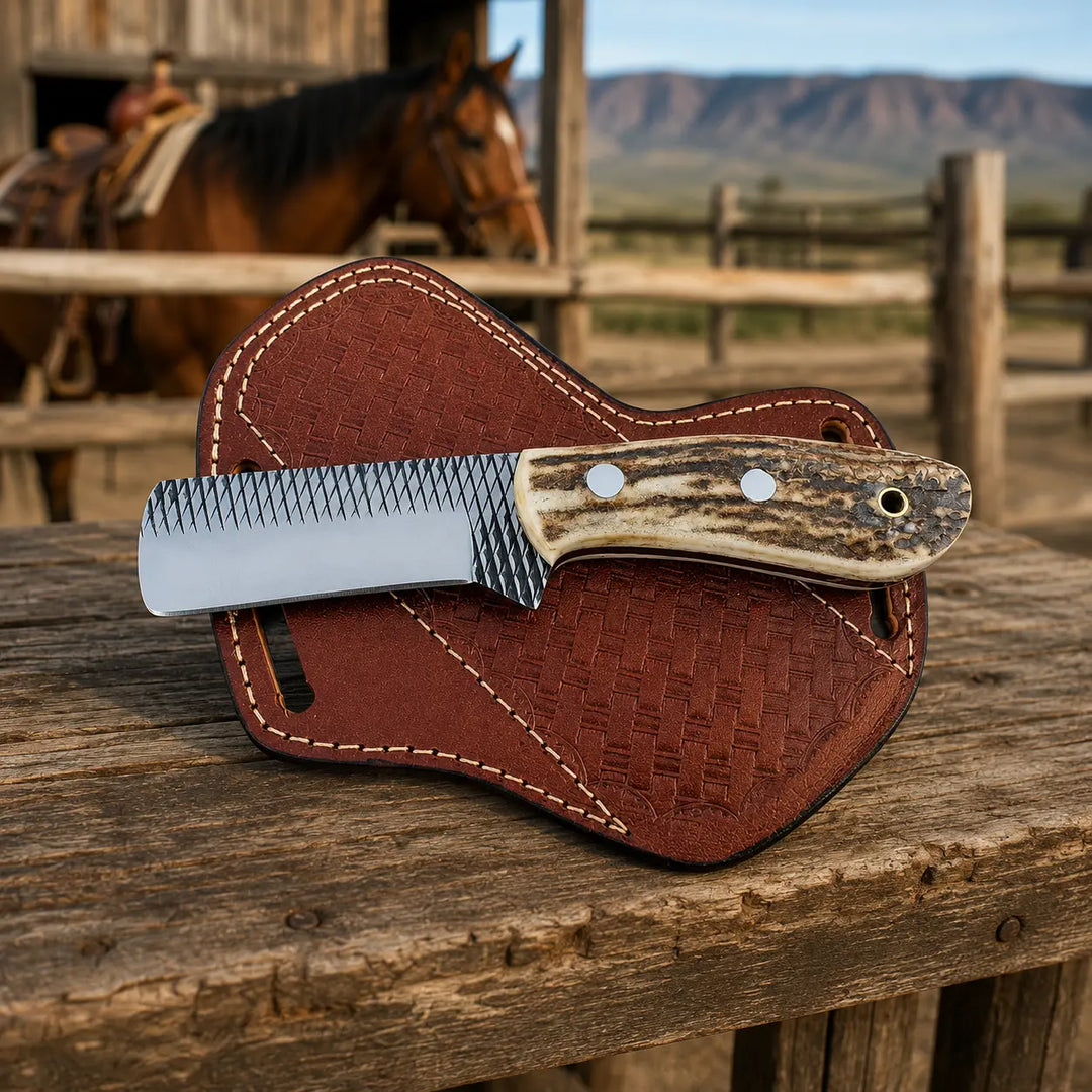A fixed-blade knife with a textured silver blade and an antler-style handle rests on a brown leather sheath, placed on a rustic wooden table with a horse and fence in the blurred background.