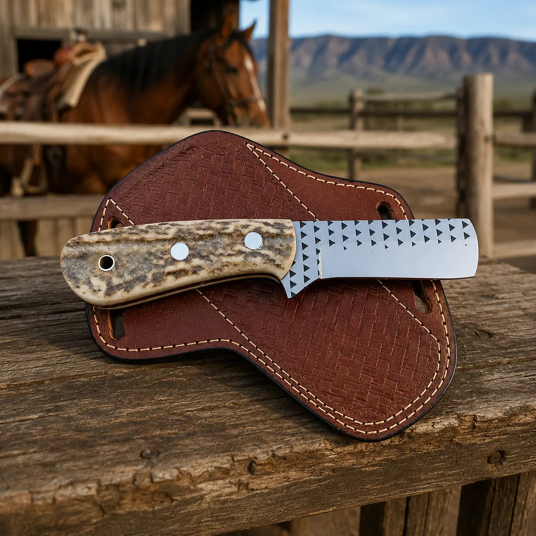 A fixed-blade knife with a textured stag handle and patterned steel blade rests on a brown woven leather sheath, placed on a rustic wooden fence with a horse and mountains in the background.