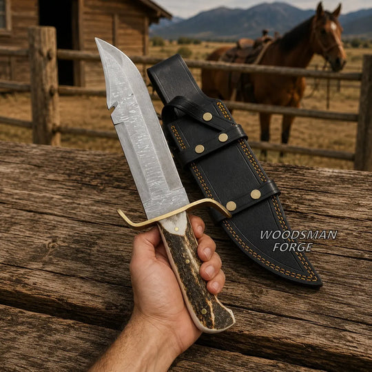A hand holds a fixed-blade knife with a textured silver blade and bone handle, next to a black leather sheath with brass snaps, set against a rustic outdoor background with a horse and wooden cabin. The text &