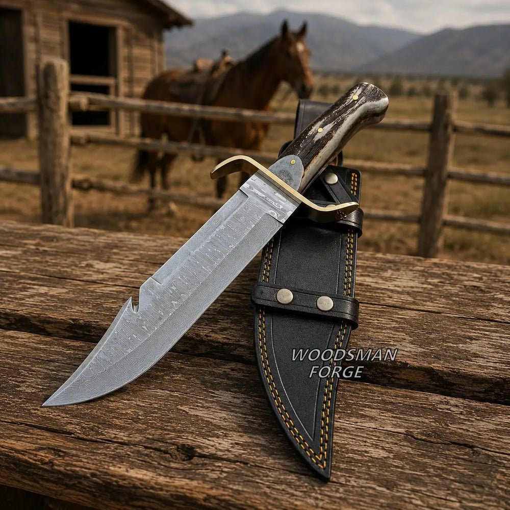 A fixed-blade knife with a silver steel blade and a dark brown handle rests on a weathered wooden log, partially sheathed in a black leather sheath with gold stitching. A rustic barn and a horse are blurred in the background.