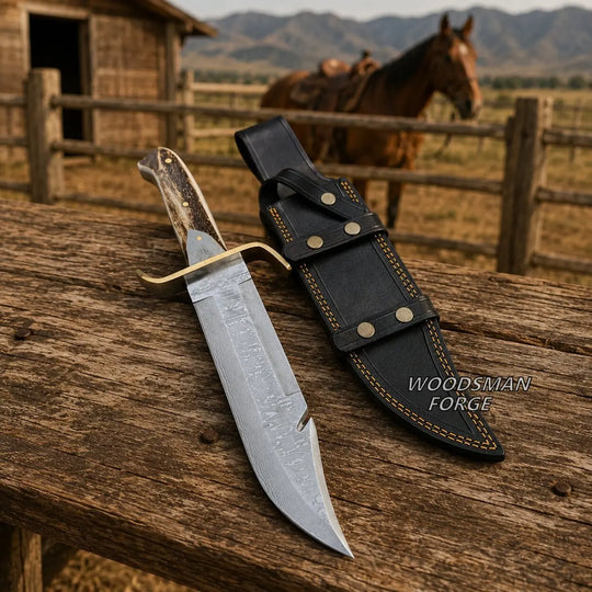 A fixed-blade knife with a patterned steel blade and curved handle lies on a rustic wooden table beside a black leather sheath. A horse and fence are blurred in the background outdoors.
