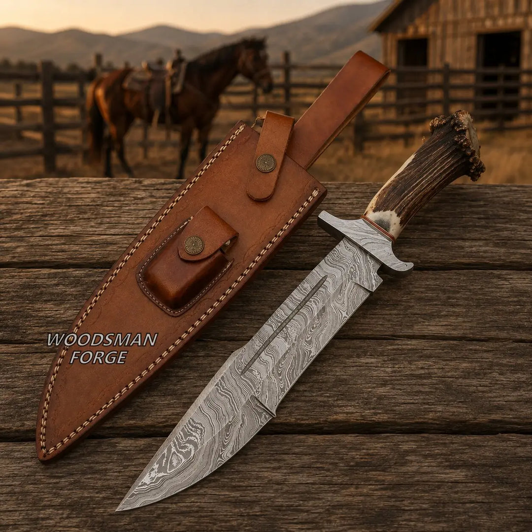 A Damascus steel fixed-blade knife with a patterned steel blade and a brown antler handle, displayed next to its brown leather sheath on a rustic wooden surface. The background shows a blurred outdoor scene with a horse and a wooden barn, with the text &