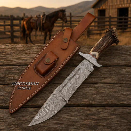 A Damascus steel fixed-blade knife with a patterned steel blade and a brown antler handle, displayed next to its brown leather sheath on a rustic wooden surface. The background shows a blurred outdoor scene with a horse and a wooden barn, with the text &