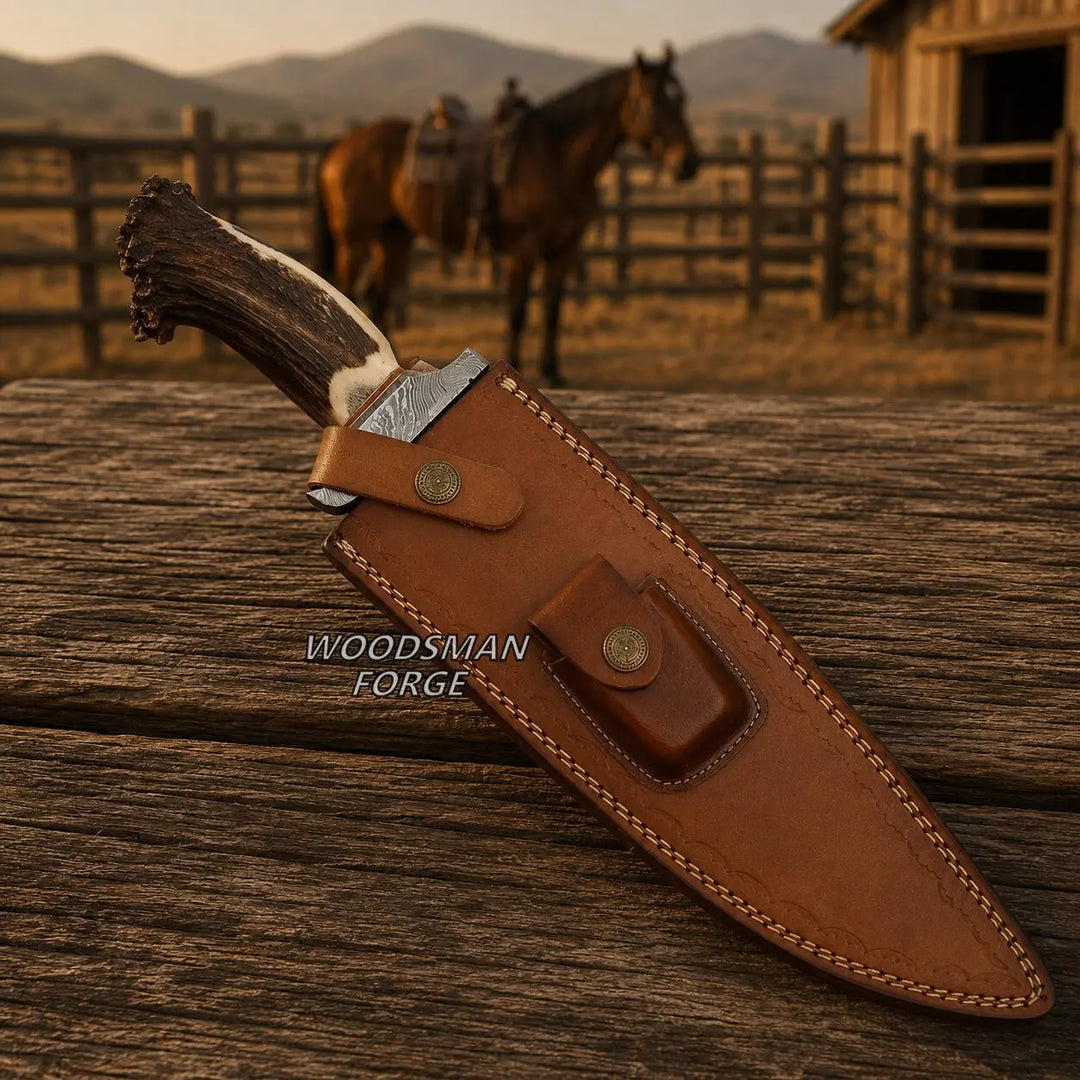 A fixed-blade knife with a dark brown antler handle and silver steel blade, partially tucked into a brown leather sheath, resting on a rustic wooden surface. The background shows a blurred outdoor western scene with a horse and mountains.