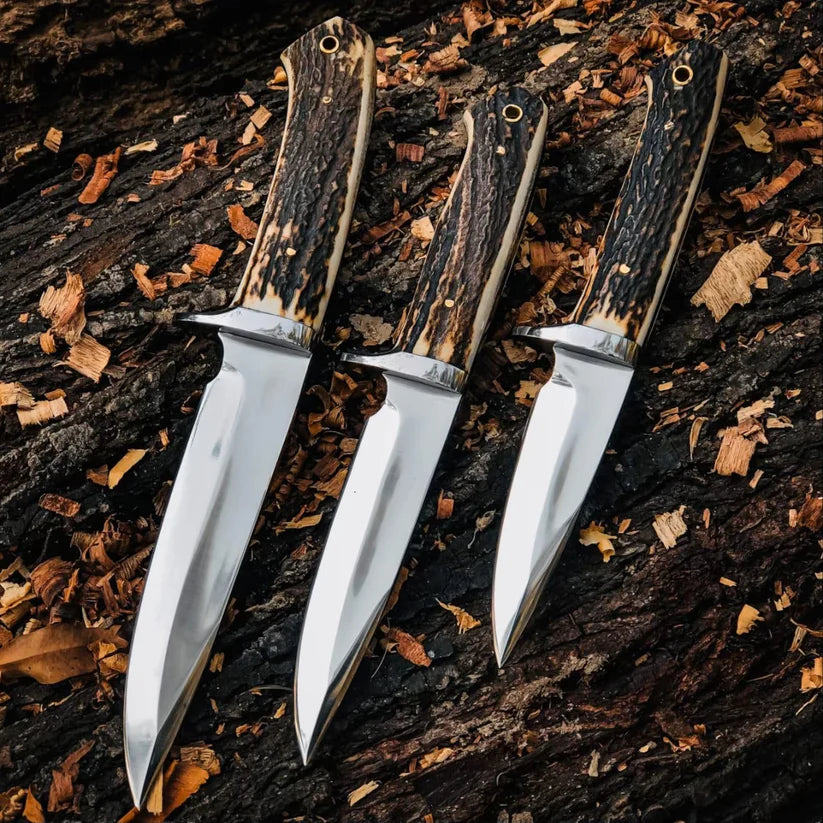 3-Piece Stag Horn Fixed Blade Knife Set with Leather Sheaths