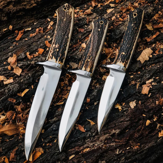 3-Piece Stag Horn Fixed Blade Knife Set with Leather Sheaths