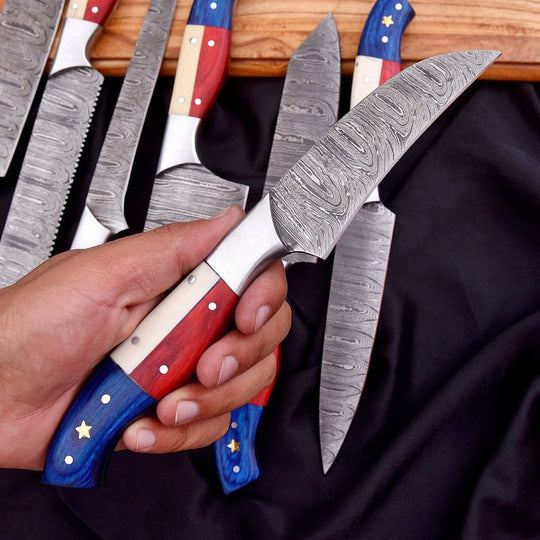 7-Piece Handmade Damascus Steel Chef Knife Set – Twist Pattern Full Tang Kitchen Knives