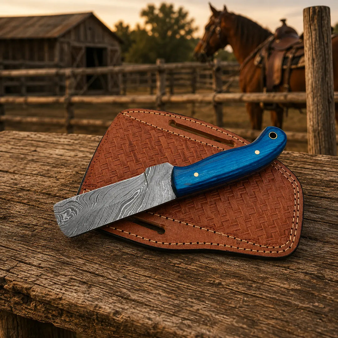 A fixed-blade knife with a patterned steel blade and a bright blue handle rests on a brown woven leather sheath, placed on a rustic wooden surface with a horse and barn in the blurred background.