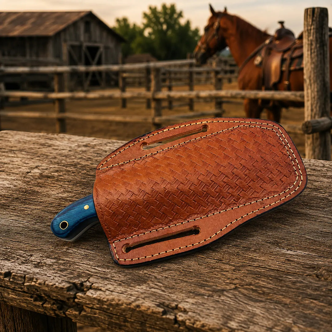 A brown leather knife sheath with a woven texture and contrast stitching, holding a knife with a blue handle, resting on a rustic wooden fence in a western-themed setting with a horse and barn in the background.