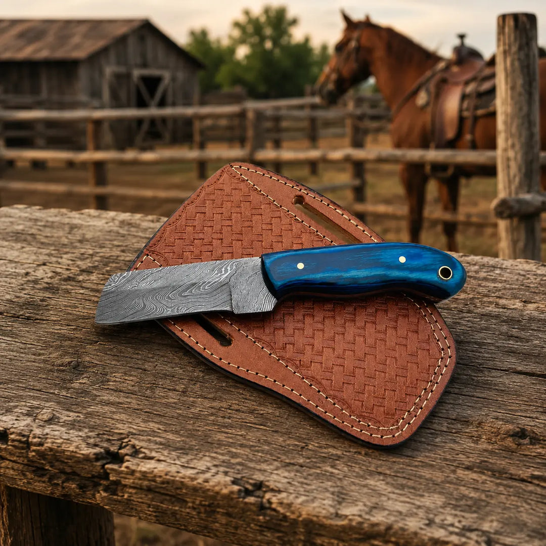 A fixed-blade knife with a patterned steel blade and a vibrant blue handle rests on a brown woven leather sheath, placed on a rustic wooden fence in an outdoor barnyard setting with a horse in the background.