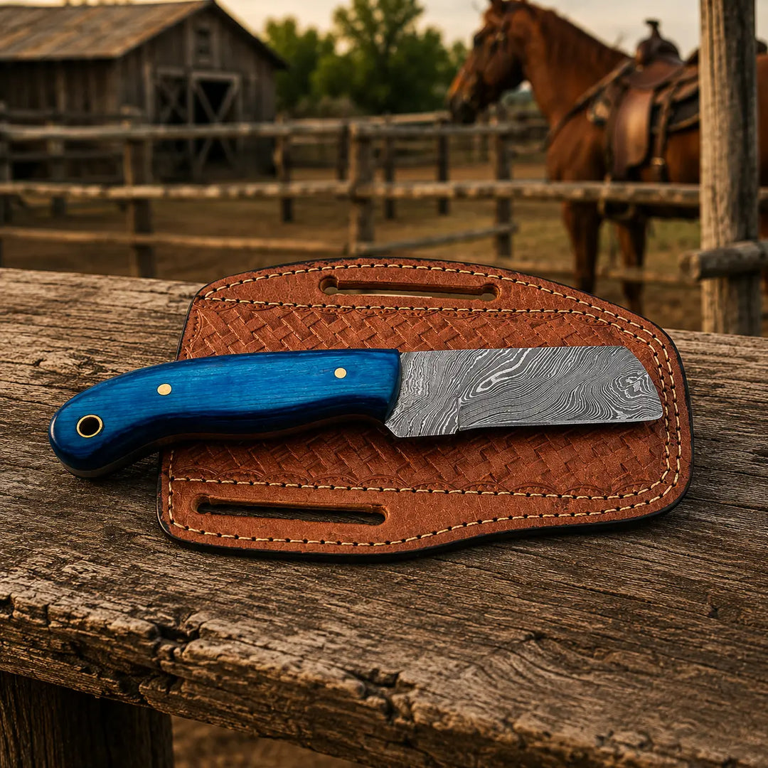 A fixed-blade knife with a bright blue handle and patterned steel blade rests on a brown woven sheath placed on a rustic wooden surface, with a blurred barn, fence, and horse in the background.