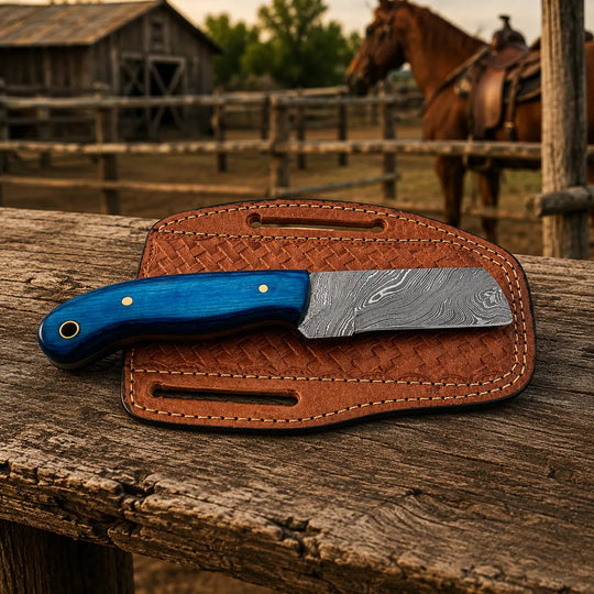 A fixed-blade knife with a bright blue handle and patterned steel blade rests on a brown woven sheath placed on a rustic wooden surface, with a blurred barn, fence, and horse in the background.