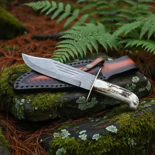 Handmade Damascus Bowie Knife – Stag Antler Handle, Brass Guard &amp; Leather Sheath