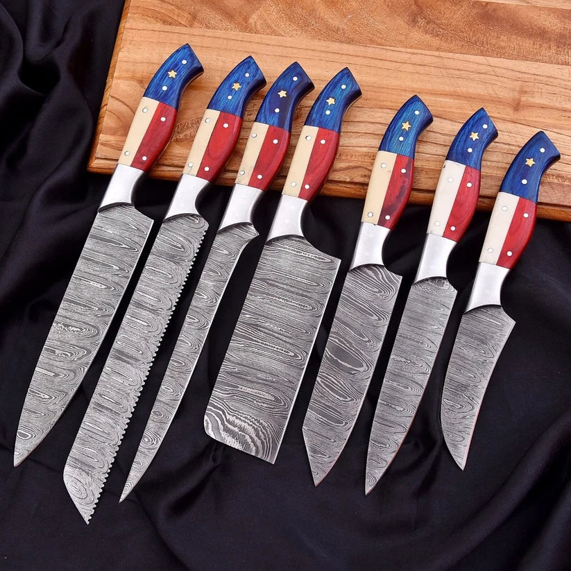 7-Piece Handmade Damascus Steel Chef Knife Set – Twist Pattern Full Tang Kitchen Knives