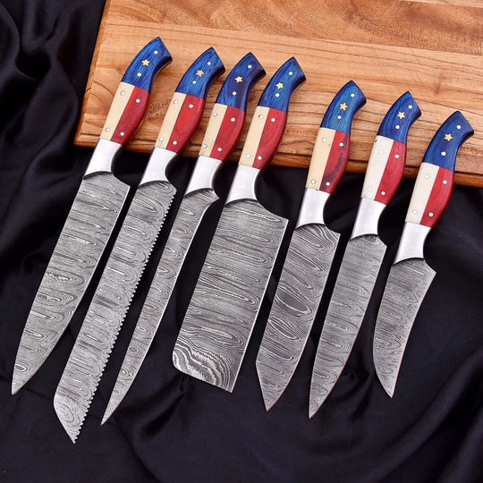 7-Piece Handmade Damascus Steel Chef Knife Set – Twist Pattern Full Tang Kitchen Knives
