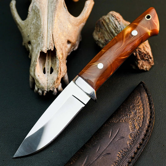 8.6" Handmade Stainless Steel Hunting Knife – Full Tang Resin Handle &amp; Sheath