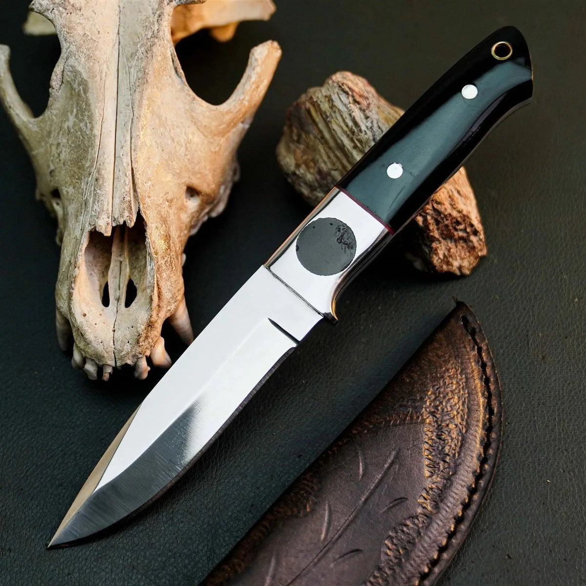 A fixed-blade knife with a satin-finished silver blade and a black handle with silver rivets, displayed diagonally on a dark textured surface alongside a leather sheath, a bone skull, and a piece of wood.