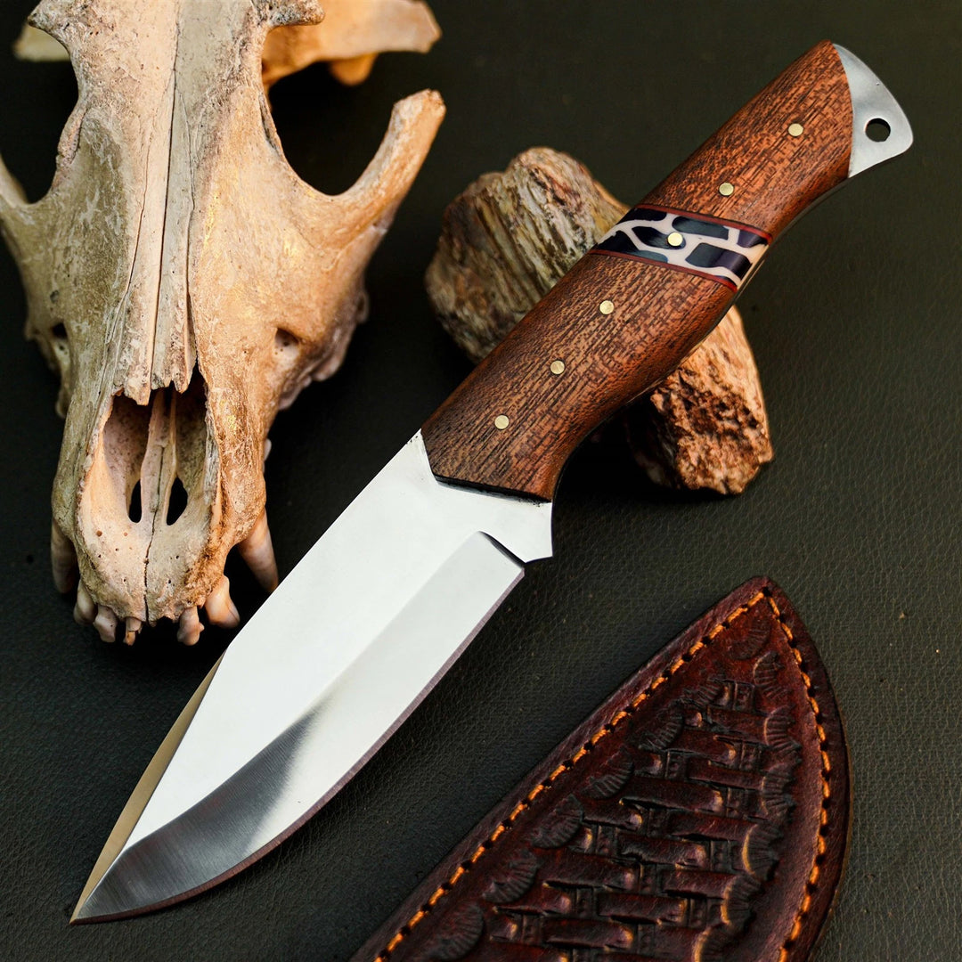 A fixed-blade knife with a polished silver blade and a brown wood-grain handle with a purple and black inlay, displayed next to a brown leather sheath and a deer skull on a dark textured surface.